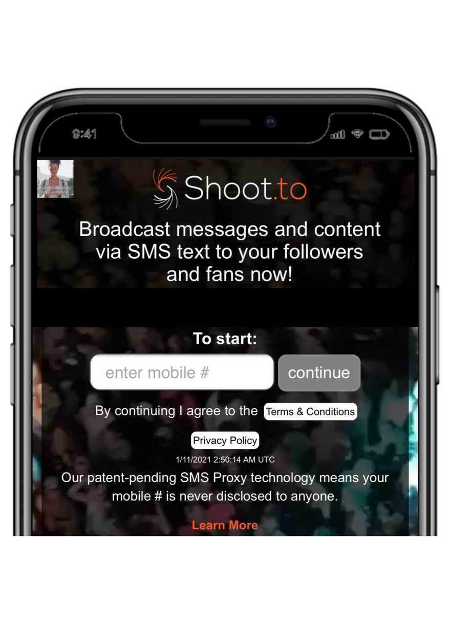 Phone showing the Shoot.to sign-up screen