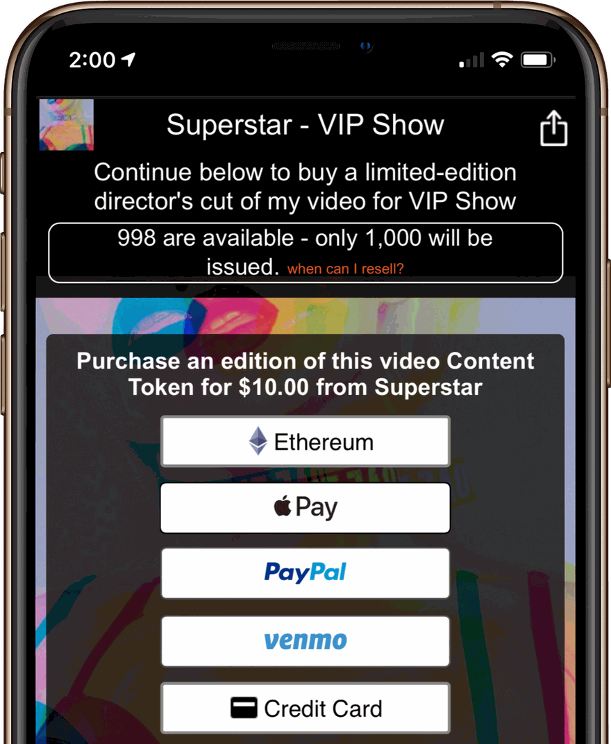 Phone showing a Shoot.to purchase